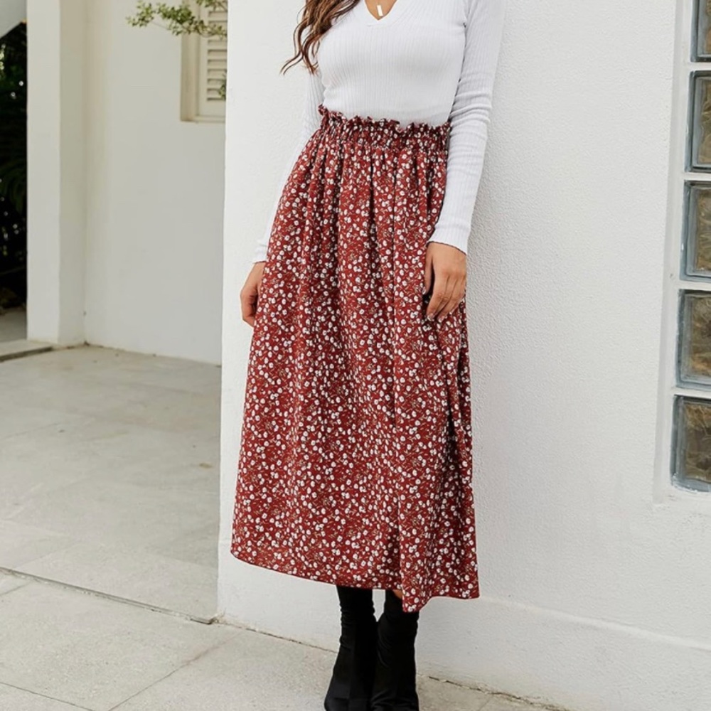 Pleated Floral Red Midi Skirt